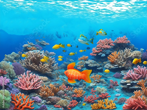 An underwater scene with a large colorful coral reef by ai generated. © auc