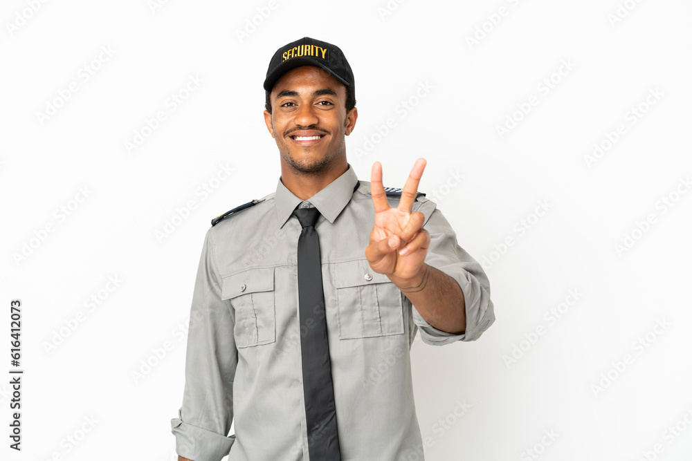 African American safeguard over isolated white background smiling and showing victory sign African American safeguard over isolated white background smiling and showing victory sign