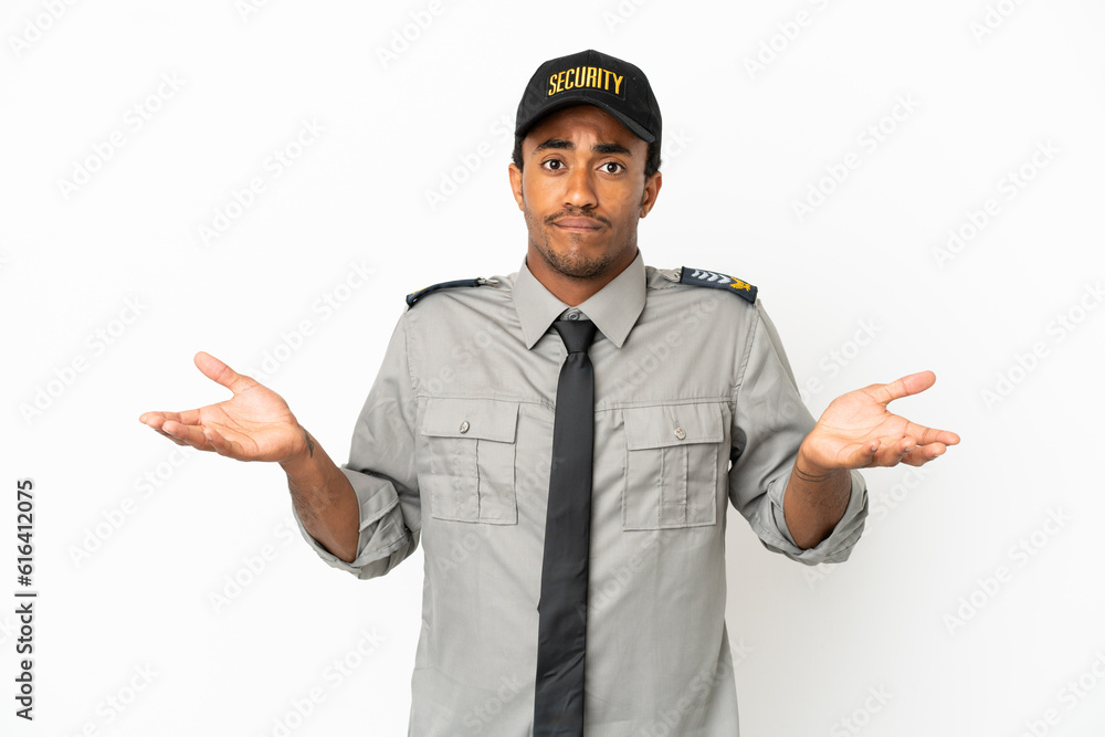 African American safeguard over isolated white background having doubts while raising hands African American safeguard over isolated white background having doubts while raising hands