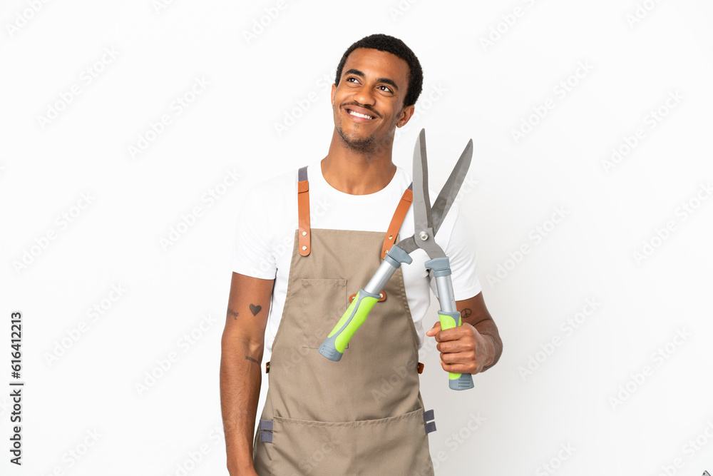 African American gardener man holding pruning shears over isolated white background thinking an idea while looking up African American gardener man holding pruning shears over isolated white background thinking an idea while looking up