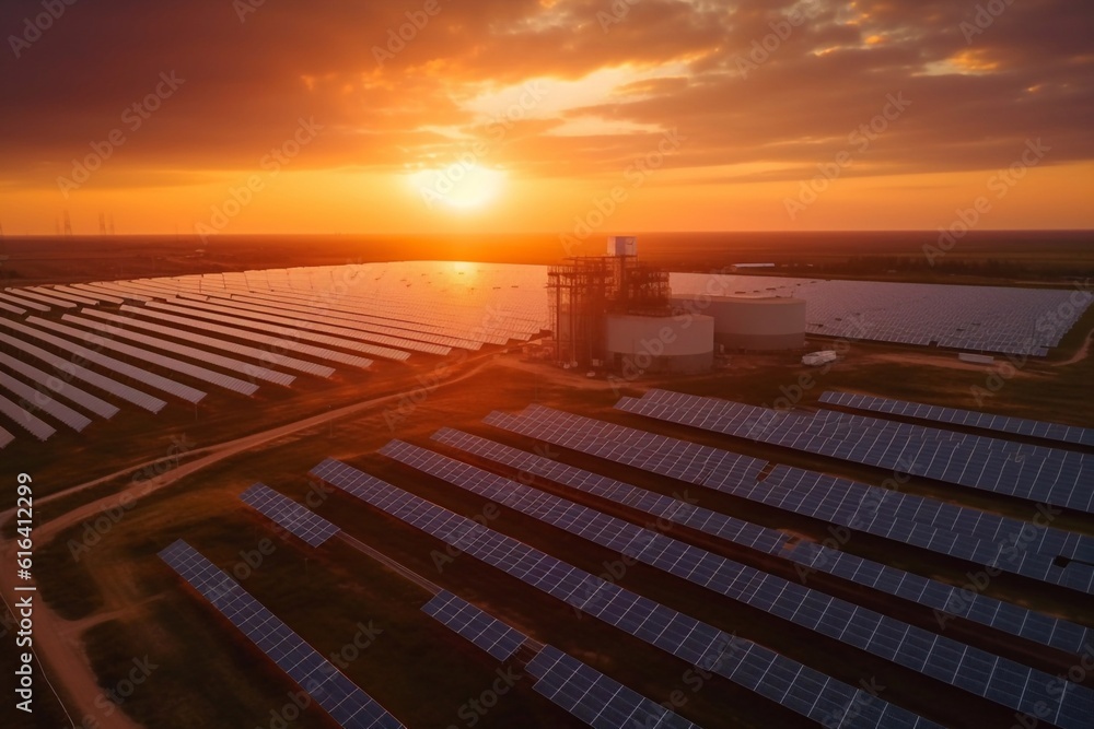 New energy solar photovoltaic panels under morning sun Generative AI