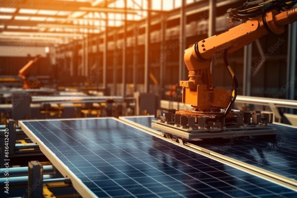 Large Production Line with Industrial Robot Arms at Modern Bright Factory. Solar Panels are being Assembled on Conveyor. Automated Manufacturing Facility Generative AI Large Production Line with Industrial Robot Arms at Modern Bright Factory. Solar Panels are being Assembled on Conveyor. Automated Manufacturing Facility Generative AI