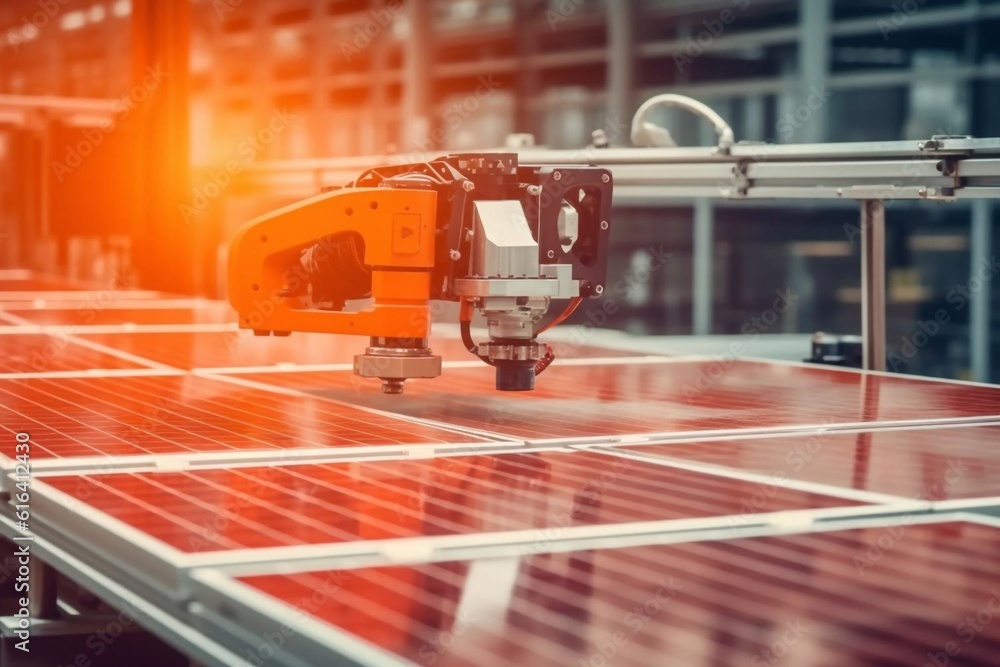 Naklejka premium Large Production Line with Industrial Robot Arms at Modern Bright Factory. Solar Panels are being Assembled on Conveyor. Automated Manufacturing Facility Generative AI