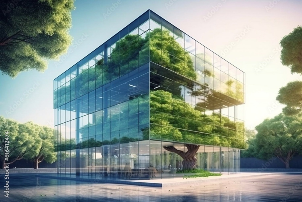 Sustainble green building. Eco-friendly building. Sustainable glass office building with tree for reducing carbon dioxide. Office with green environment. Corporate building reduce CO2. Generative AI