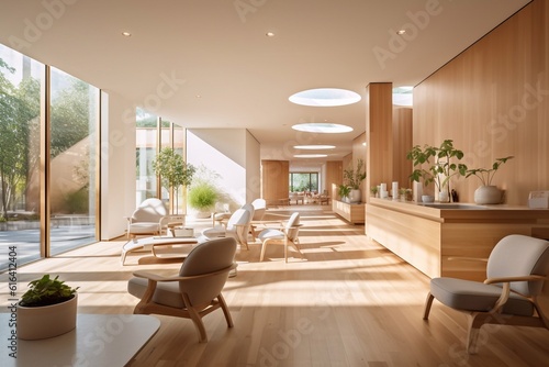 Empty lobby counter section in hospital healthcare background with clean and clear interior design