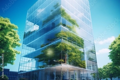 Sustainble green building. Eco-friendly building. Sustainable glass office building with tree for reducing carbon dioxide. Office with green environment. Corporate building reduce CO2. Generative AI