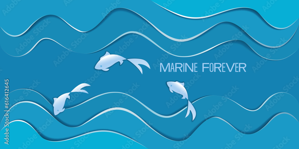 Marine background. Paper cut style. Flying fish. Marine forever. Sea, ocean waves from cut paper. 