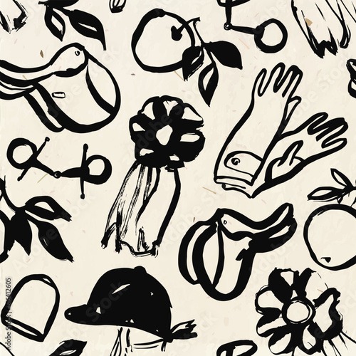 Hand drawn equine seamless pattern, brush stroke style, horse riding background, fabric texture illustration
