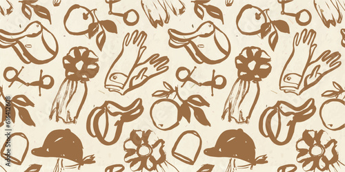 Hand drawn equine seamless pattern, brush stroke style, horse riding background, fabric texture illustration