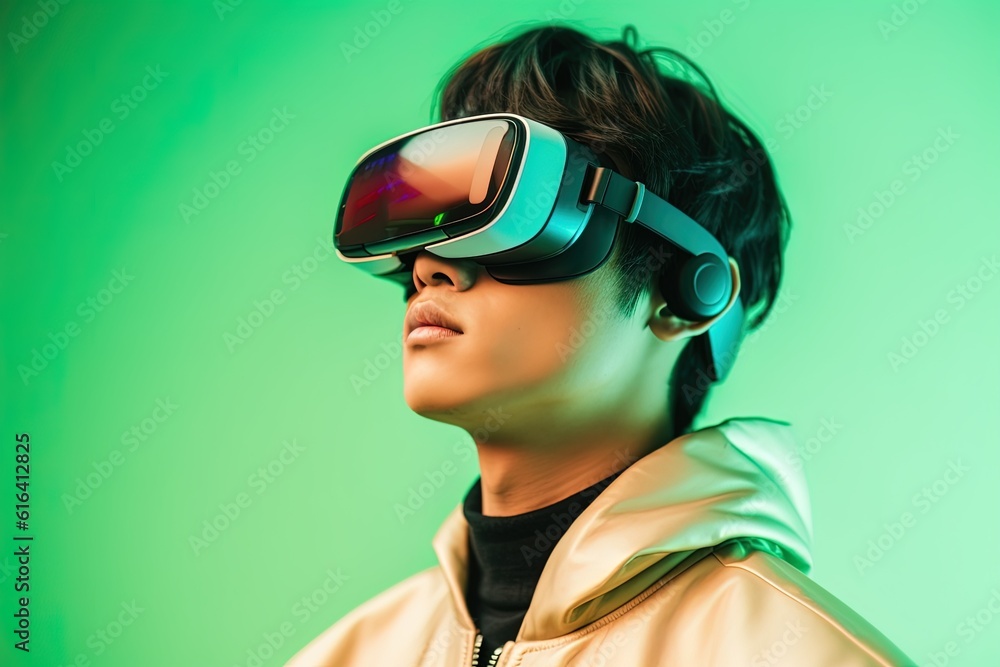 Portrait of a futuristic young man wearing virtual reality glasses.Generative Ai Portrait of a futuristic young man wearing virtual reality glasses.Generative Ai