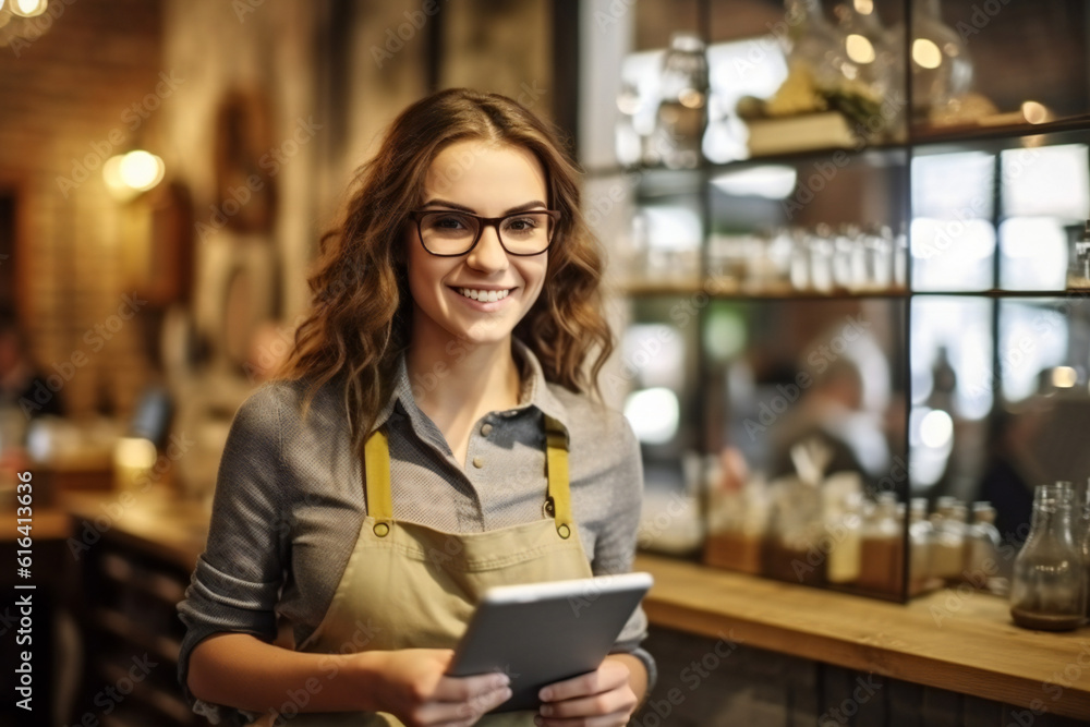 Waitress in a restaurant holding tablet Waitress in a restaurant holding tablet