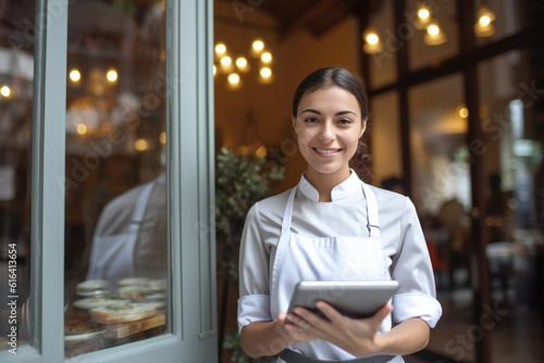 Small business owner at entrance smiling