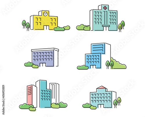 フラットな線画イメージ建物イラストカラフル