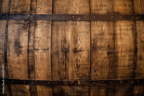 Old wooden barrel texture with hoops and bands, generative ai