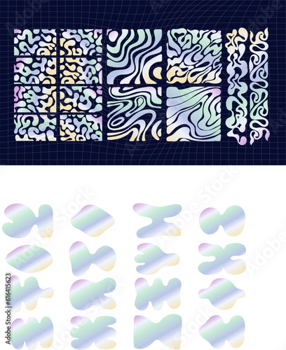 Geometric holographic frame shapes on a black background. Abstract backgrounds, patterns, cyberpunk elements in trendy psychedelic rave style. Retro-futuristic aesthetics of the 2000s.