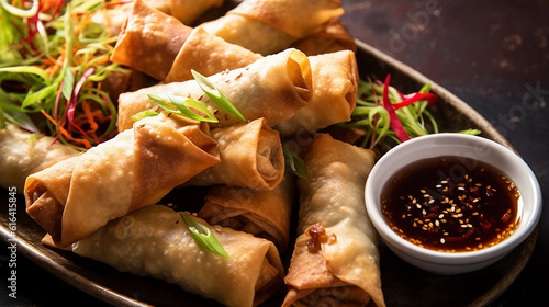 Fototapeta Naklejka Na Ścianę i Meble -  Generative AI image of Crispy Baked Spring Rolls, crunchy on the outside, filled with vegetables and served with a delectable sweet soy dipping sauce—a delightful combination of textures and flavors.