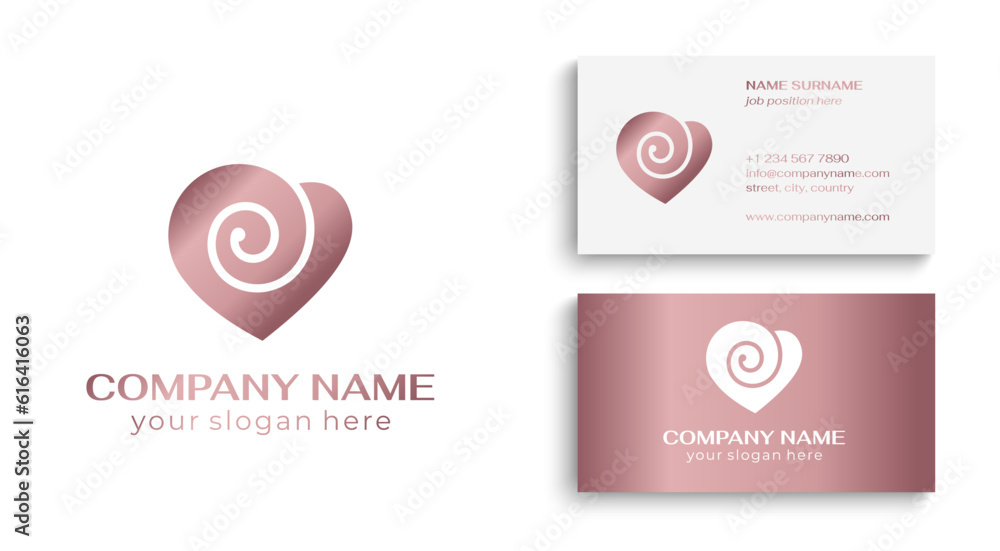 Fototapeta premium Heart and spiral logo. Flower in the shape of a heart. Roll of fabric or paper. Elegant flowing lines. Template for creating a unique luxury design