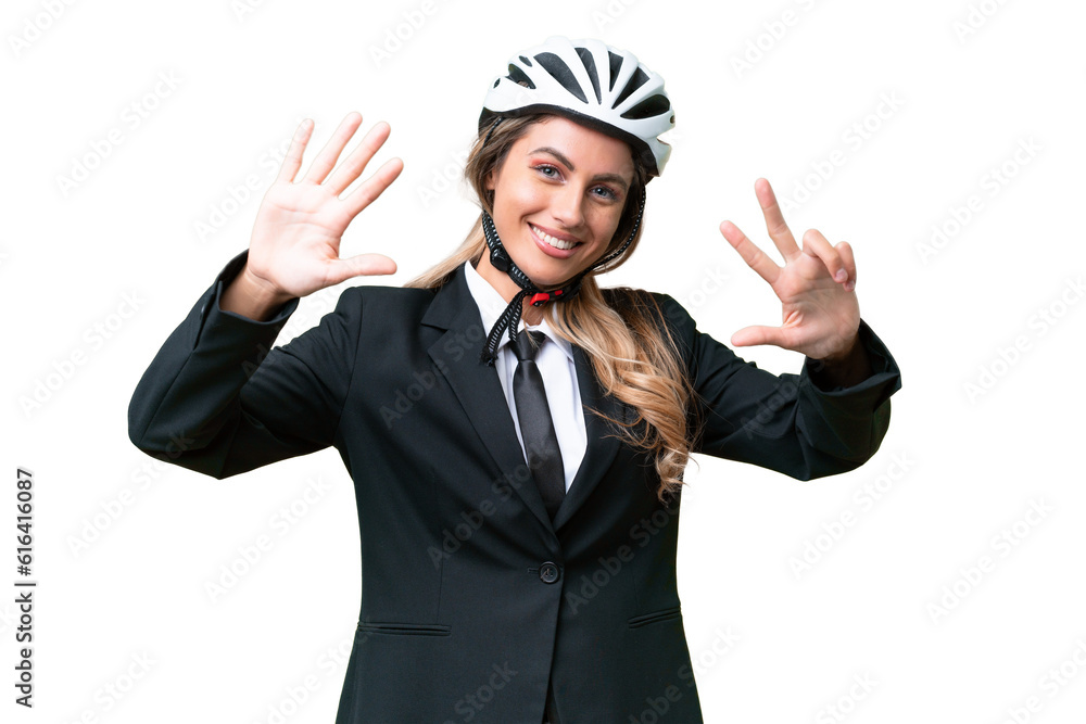 Business Uruguayan woman wearing a helmet biker over isolated background counting eight with fingers Business Uruguayan woman wearing a helmet biker over isolated background counting eight with fingers