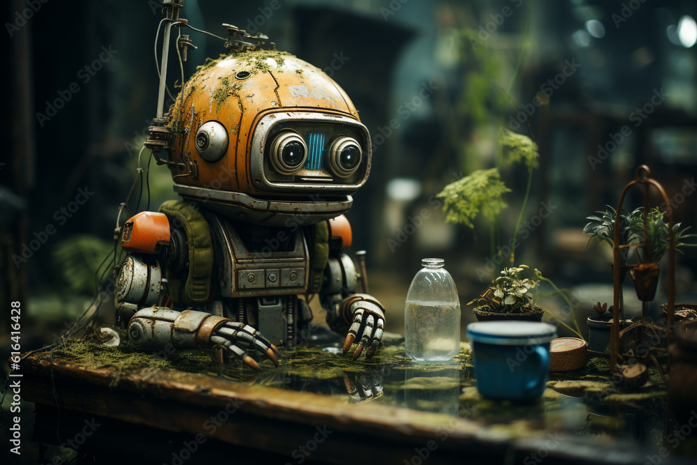 An old robot sitting among the plants