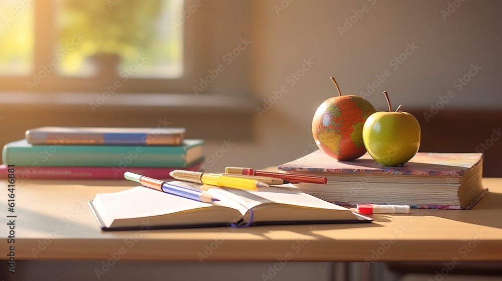 desk with writing materials, a book and an apple in organized room generative ai desk with writing materials, a book and an apple in organized room generative ai