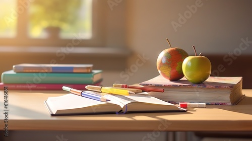 desk with writing materials, a book and an apple in organized room generative ai