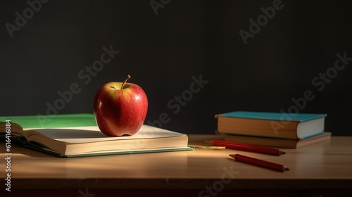 desk with writing materials, a book and an apple in organized room generative ai