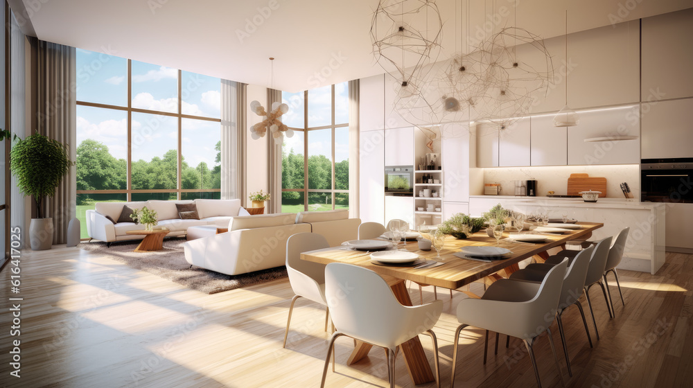 Generative ai illustration of a dining room and open plan kitchen by Day Generative ai illustration of a dining room and open plan kitchen by Day