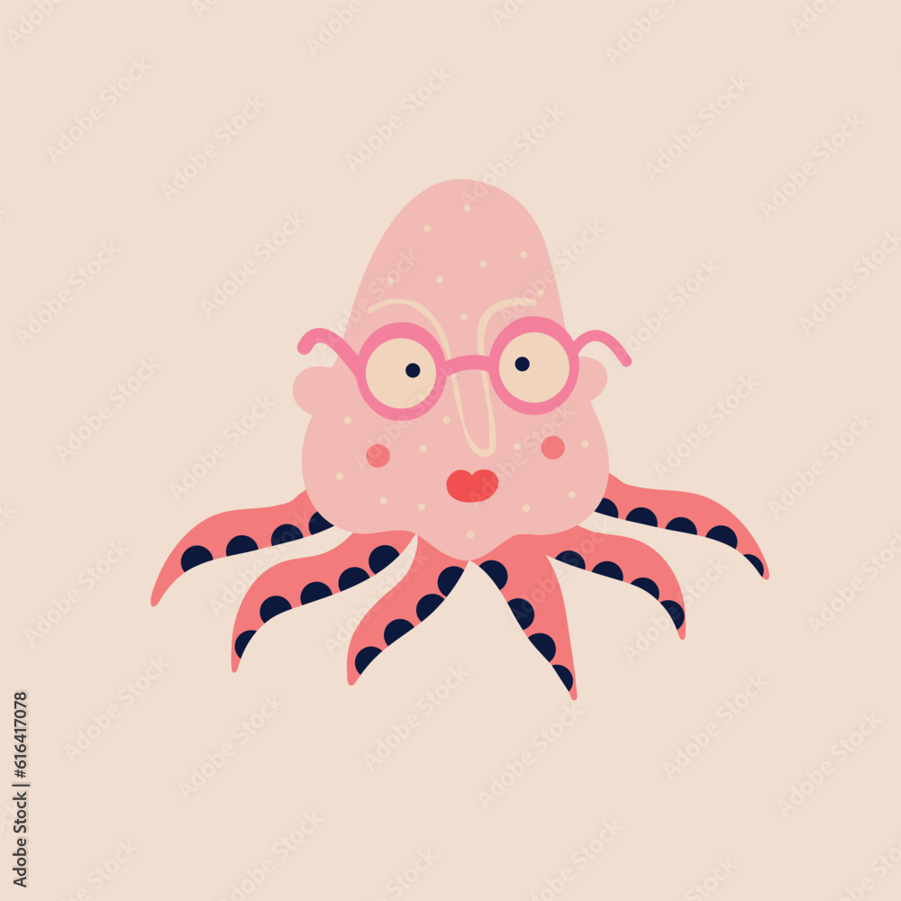 Fototapeta premium a quirky octopus with a cute face in glasses. Illustration in a modern children's hand-drawn style