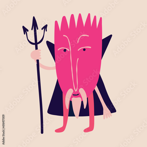 Funny bizarre Demon with a trident. Illustration in a fashionable flat style for Halloween