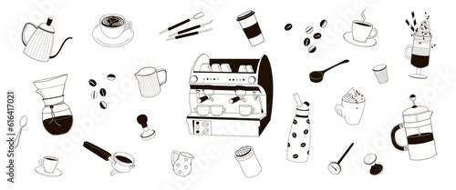 set equipment tools for barista and making coffee black and white vector illustration