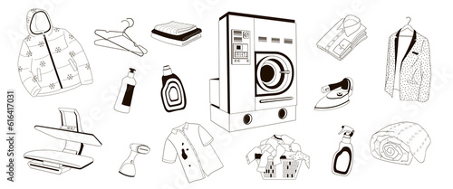 set elements about dry cleaning and laundry service ,black and white vector illustration