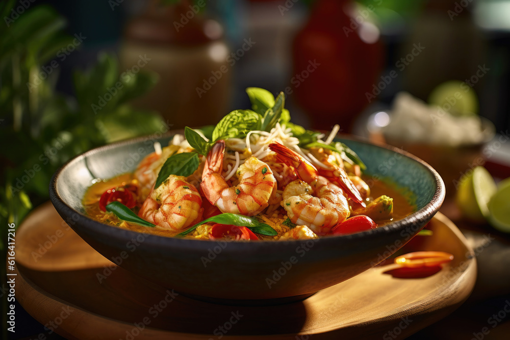 A delicious prepared seafood curry with shrimp.
