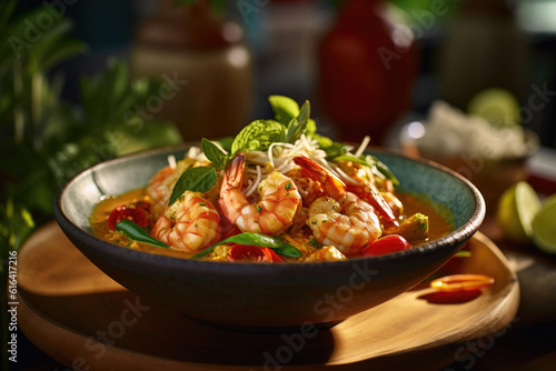 A delicious prepared seafood curry with shrimp.