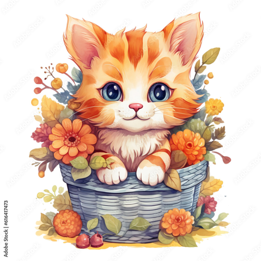 Fall Autumn Watercolor Clip Art, Fall Autumn Watercolor Illustration, Autumn Sublimation Design, Cat Clip Art