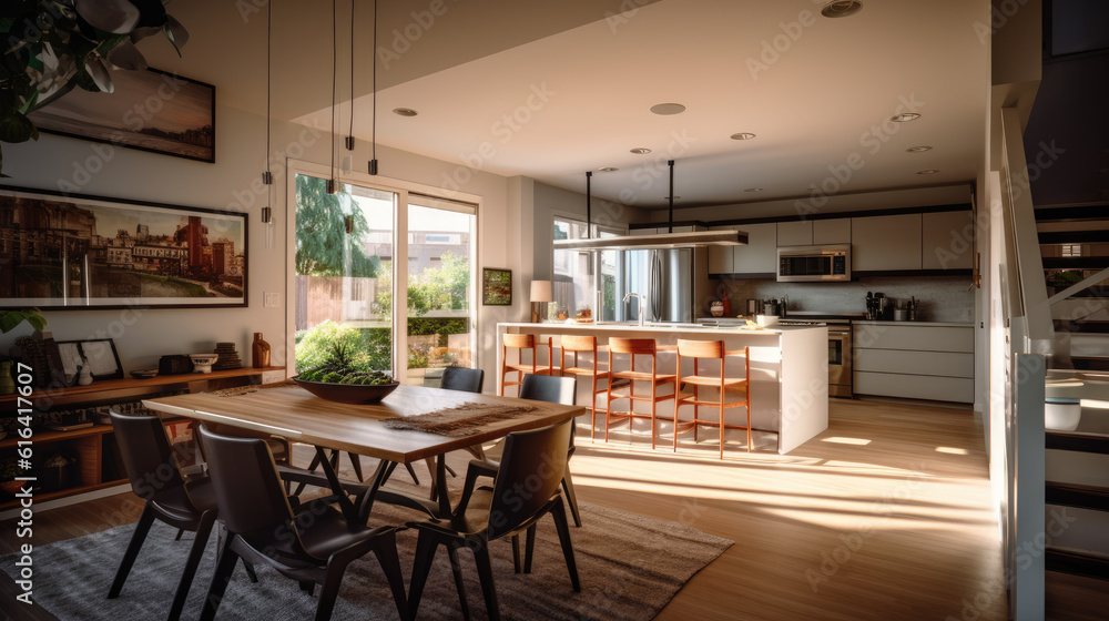 Generative ai illustration of a dining room and open plan kitchen by Day Generative ai illustration of a dining room and open plan kitchen by Day