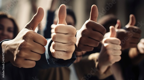 People congratulate and give thumbs up. Many people congratulate a winner and give their thumbs up. Generative AI photo