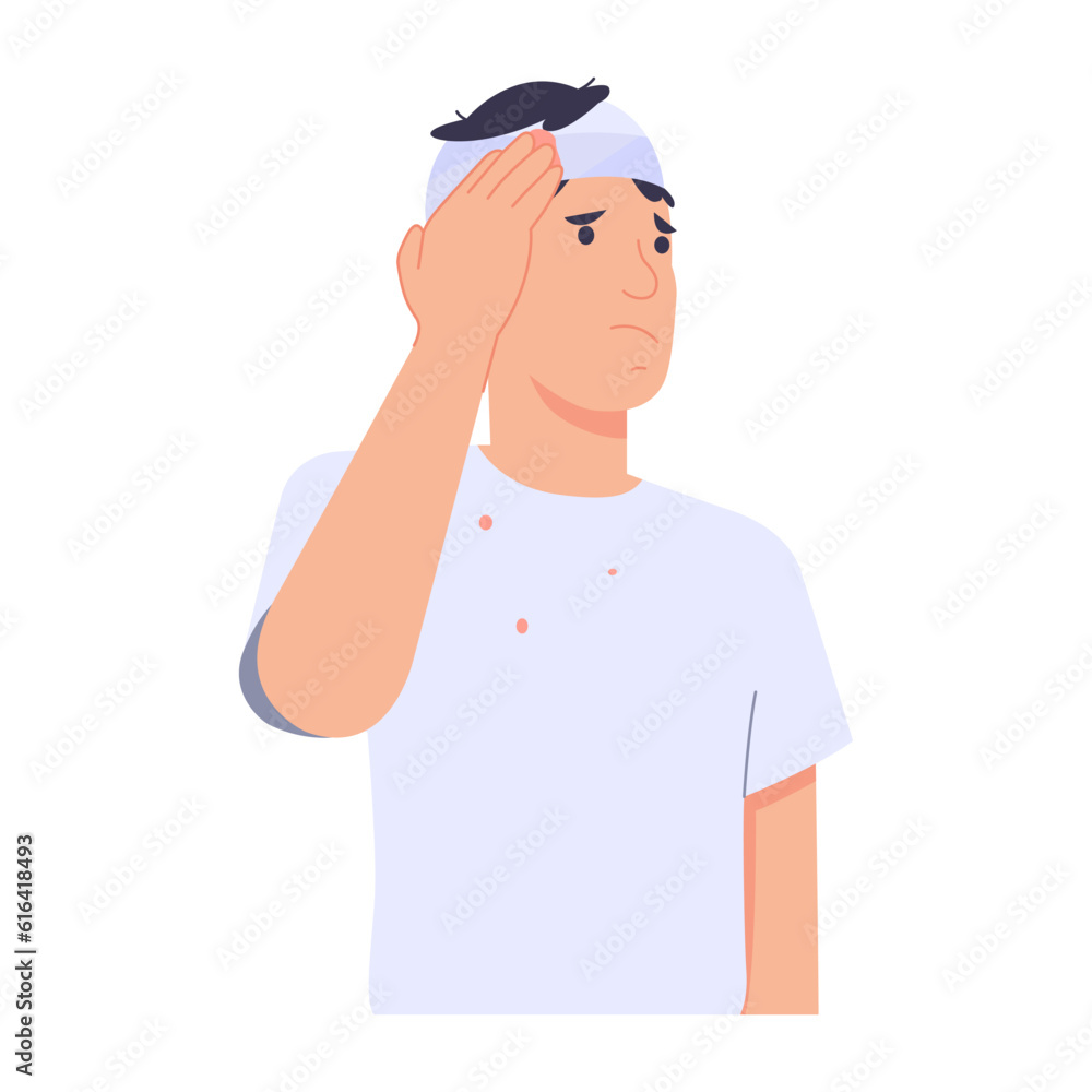 Head injury patient. Man in head accident with his hand on his wound. Help with a bandage. modern trendy style. Hand drawn vector character illustration. Isolated on white background. Head injury patient. Man in head accident with his hand on his wound. Help with a bandage. modern trendy style. Hand drawn vector character illustration. Isolated on white background.