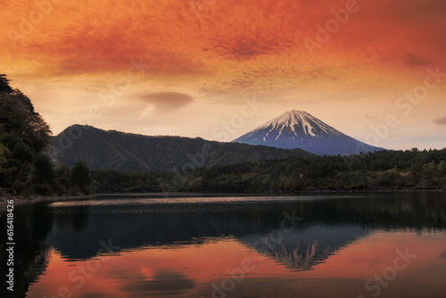 Mount Fuji with skyline reflection and twilight sky, Yamanashi
