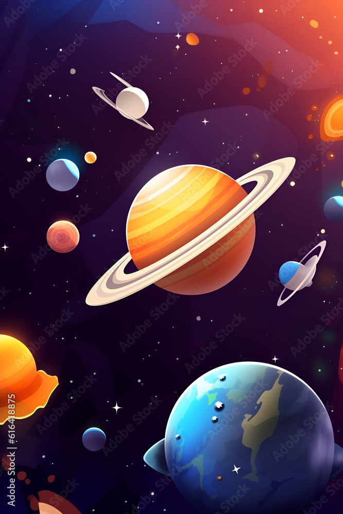 Cartoon illustration Of Space. Space flat background with planets and stars. Galaxy illustration for kids. Generative AI Cartoon illustration Of Space. Space flat background with planets and stars. Galaxy illustration for kids. Generative AI