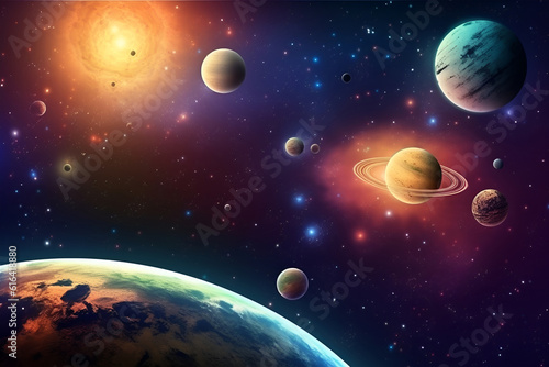 Cartoon illustration Of Space. Space flat background with planets and stars. Galaxy illustration for kids. Generative AI © tynza