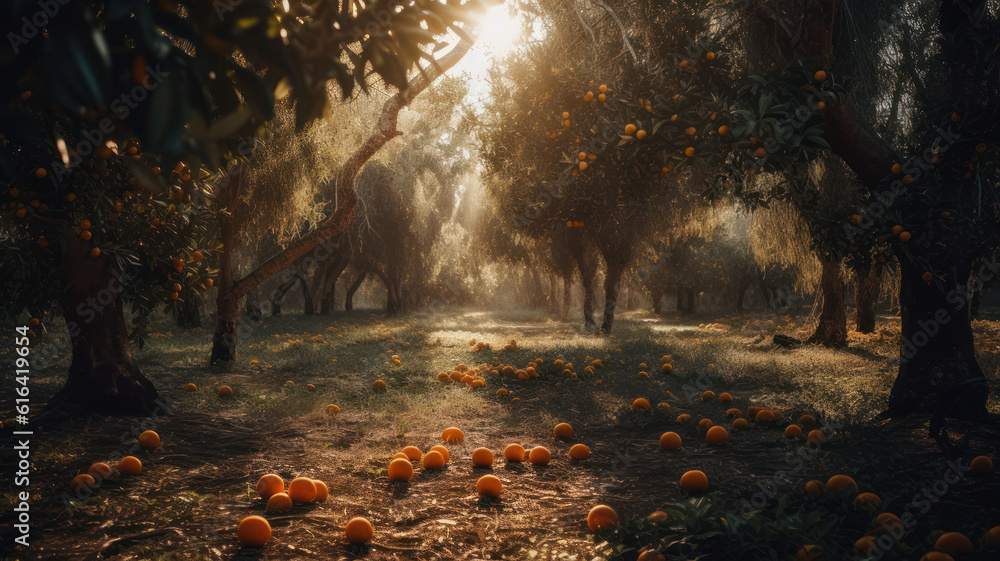 an orange grove with lots of oranges growing on the trees in the sunbeams of the sun shining through the leaves of the trees. Generative AI