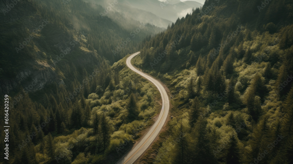 A bird's eye view of a winding asphalt road through pine tree covered mountains. Generative AI