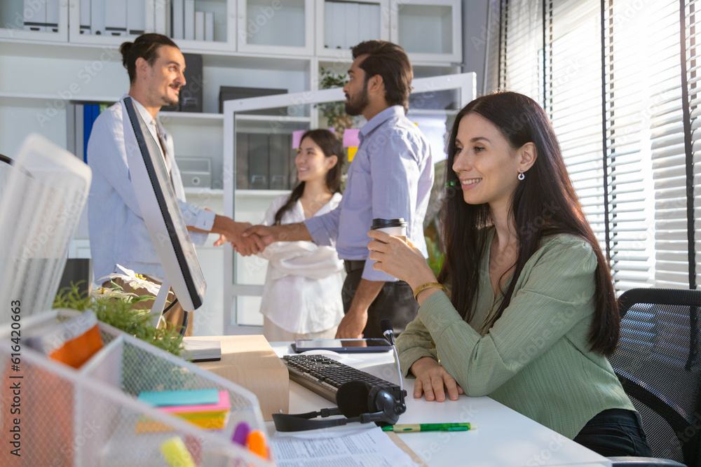 Portrait of young business friends gathered in a modern office conference room and worked as a team Portrait of young business friends gathered in a modern office conference room and worked as a team
