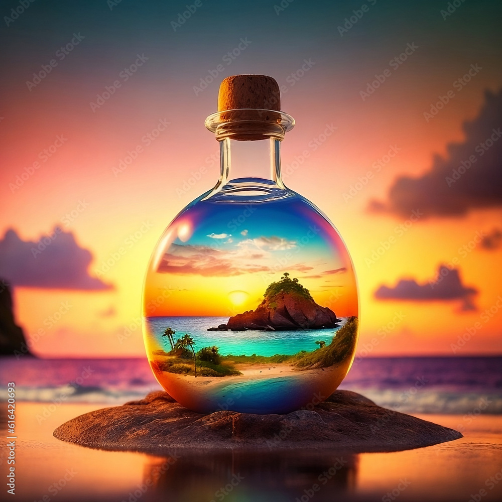 Whimsical Island in a Bottle: Cute Sunset Scene with Rainbow Background, a Captivating Miniature World Whimsical Island in a Bottle: Cute Sunset Scene with Rainbow Background, a Captivating Miniature World