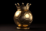 Gold bright soccer ball in golden crown isolated on black flat background. Creative concept of football championship, victory and triumph. Generative AI 3d render illustration imitation.