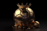 Gold metal soccer ball in golden crown isolated on black flat background. Creative concept of football championship, victory and triumph. Generative AI 3d render illustration imitation.