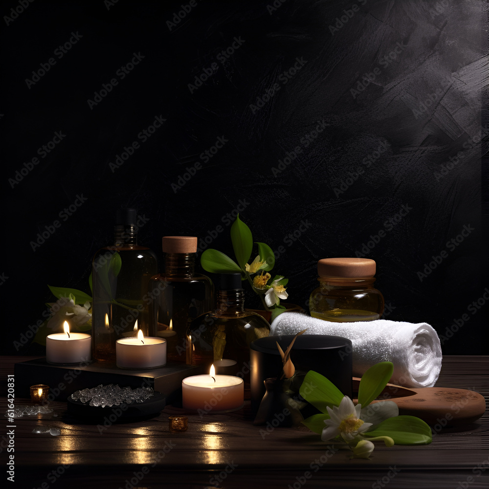Beautiful spa composition on dark background. Natural skincare cosmetic products. AI generated Beautiful spa composition on dark background. Natural skincare cosmetic products. AI generated