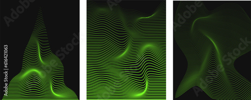 Distorted pattern of green neon lines on a black background. Abstract glitch background. Retrowave, vaporwave. Acid green, black colors. Fashion retro 1980s, 90s style. Print, poster, banner.