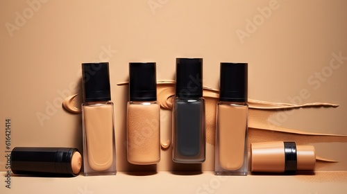 Flat lay composition with natural organic cosmetic products on skin tones background.Makeup concept. Top view photo of eyeshadow palette © Banana Images
