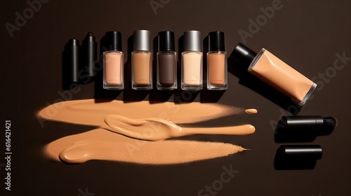 Flat lay composition with natural organic cosmetic products on skin tones background.Makeup concept. Top view photo of eyeshadow palette